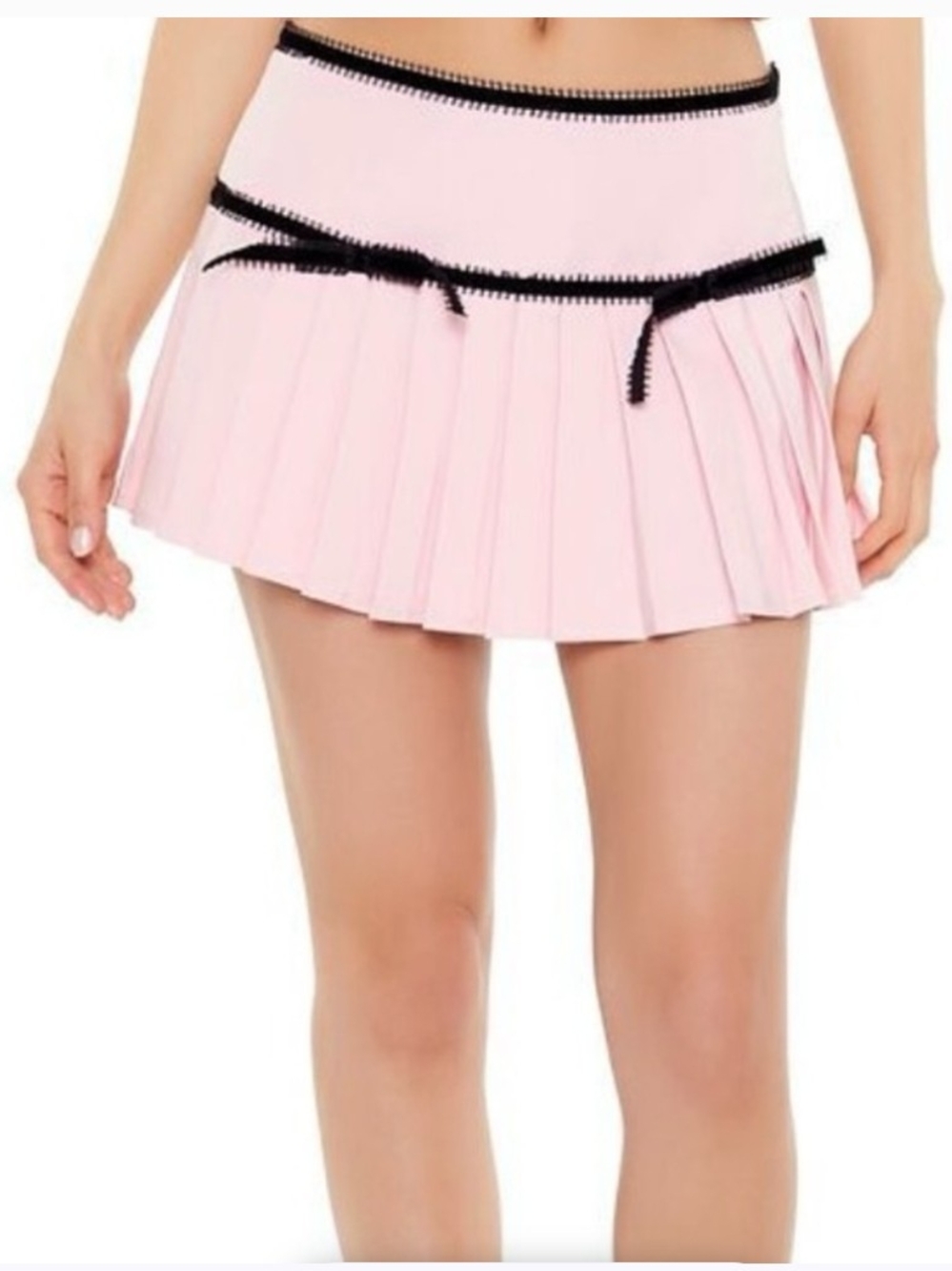 Forever 21 Pink Pleated Mini Skirt Black Lace Trim Bows Size S Coquette